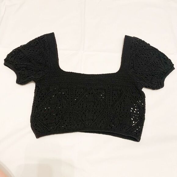 Zara Crochet Granny Square Neck puff sleeves cropped knit top boho y2k Sz M - Picture 1 of 8